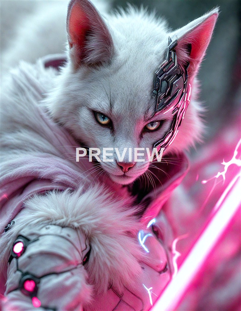 A white cat with piercing blue eyes is depicted with a cybernetic implant on its head, surrounded by pink and purple glowing lights.